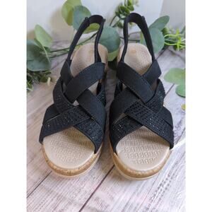 Bzees Ritz Sparkle Machine Washable Cork Wedge Sandal Black 5.5 Elastic Slip On